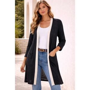 Talbots Plus Black Cream Linen Blend Open Front Longline Cardigan Duster Size X